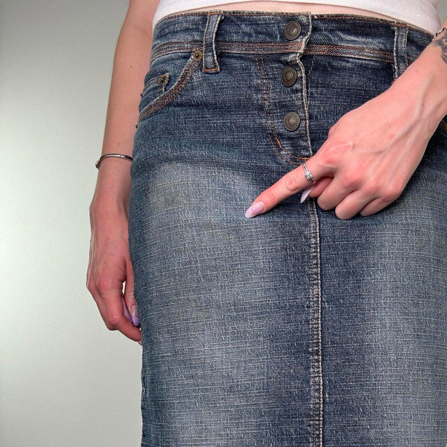Y2K vintage low rise faded denim midi skirt dark blue button up