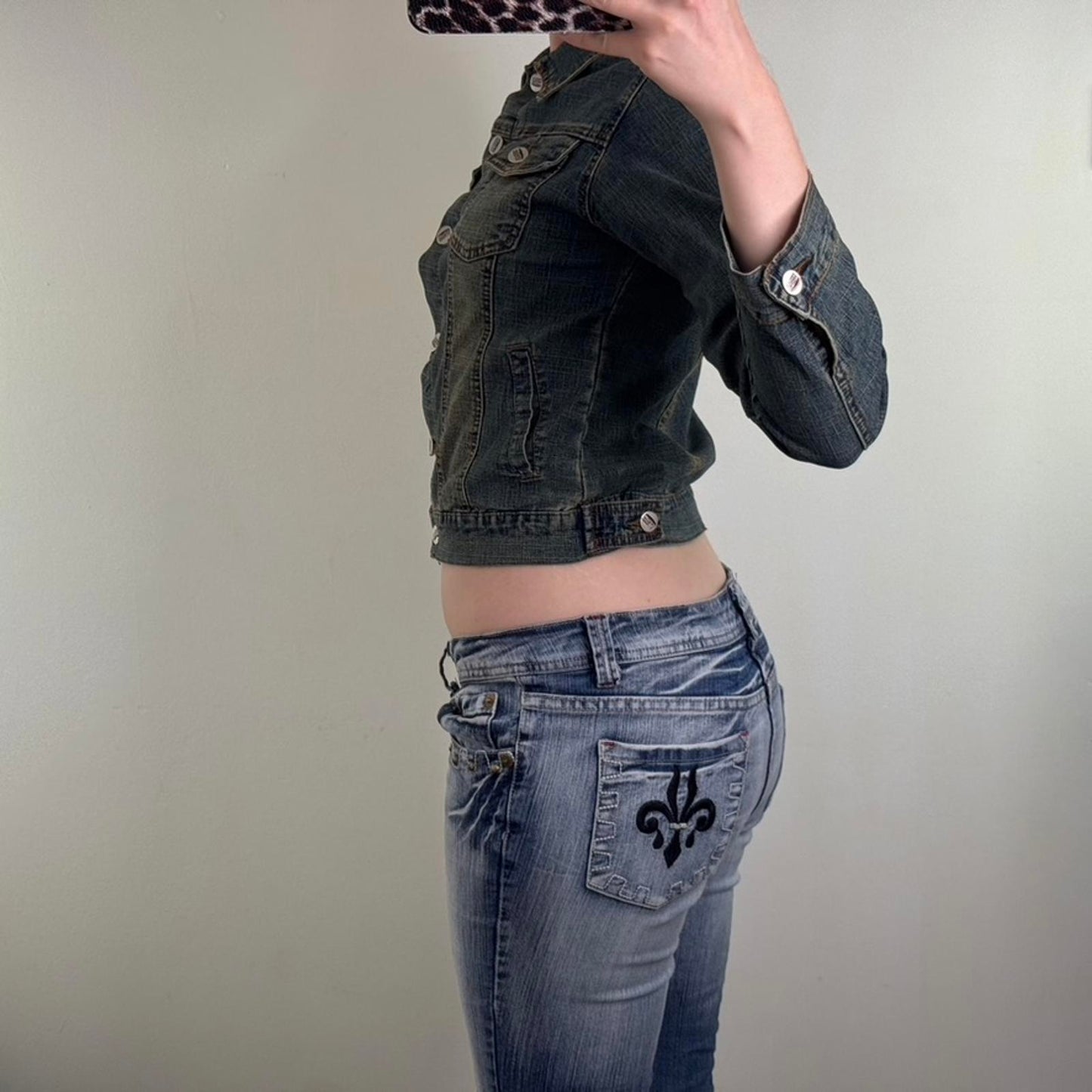 Y2K vintage fitted faded denim button up jacket dirty wash archive slight crop