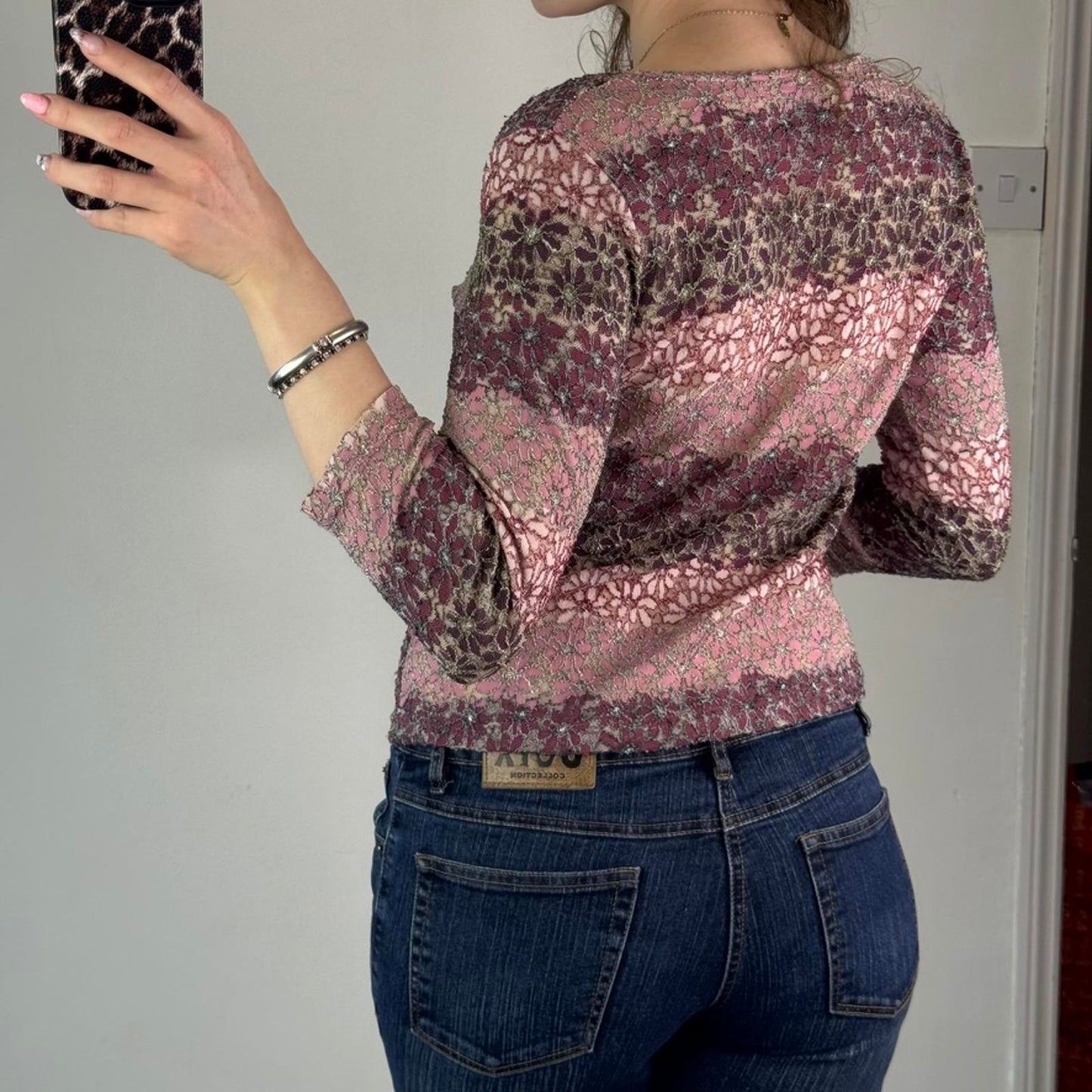 Y2K vintage mesh floral stripe 3/4 sleeve top lace pink/ purple v neck