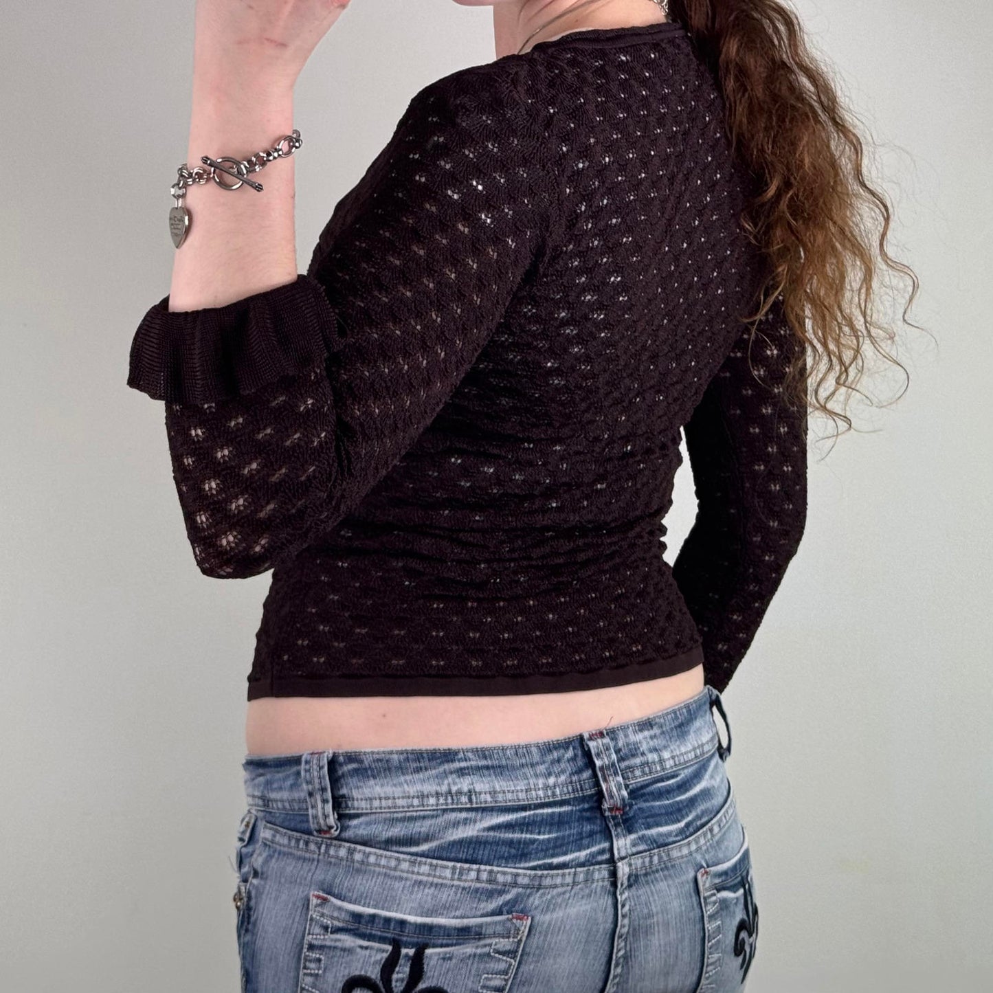 Y2K vintage Karen Millen fine knit cardigan 3/4 sleeve hook and eye frill fitted