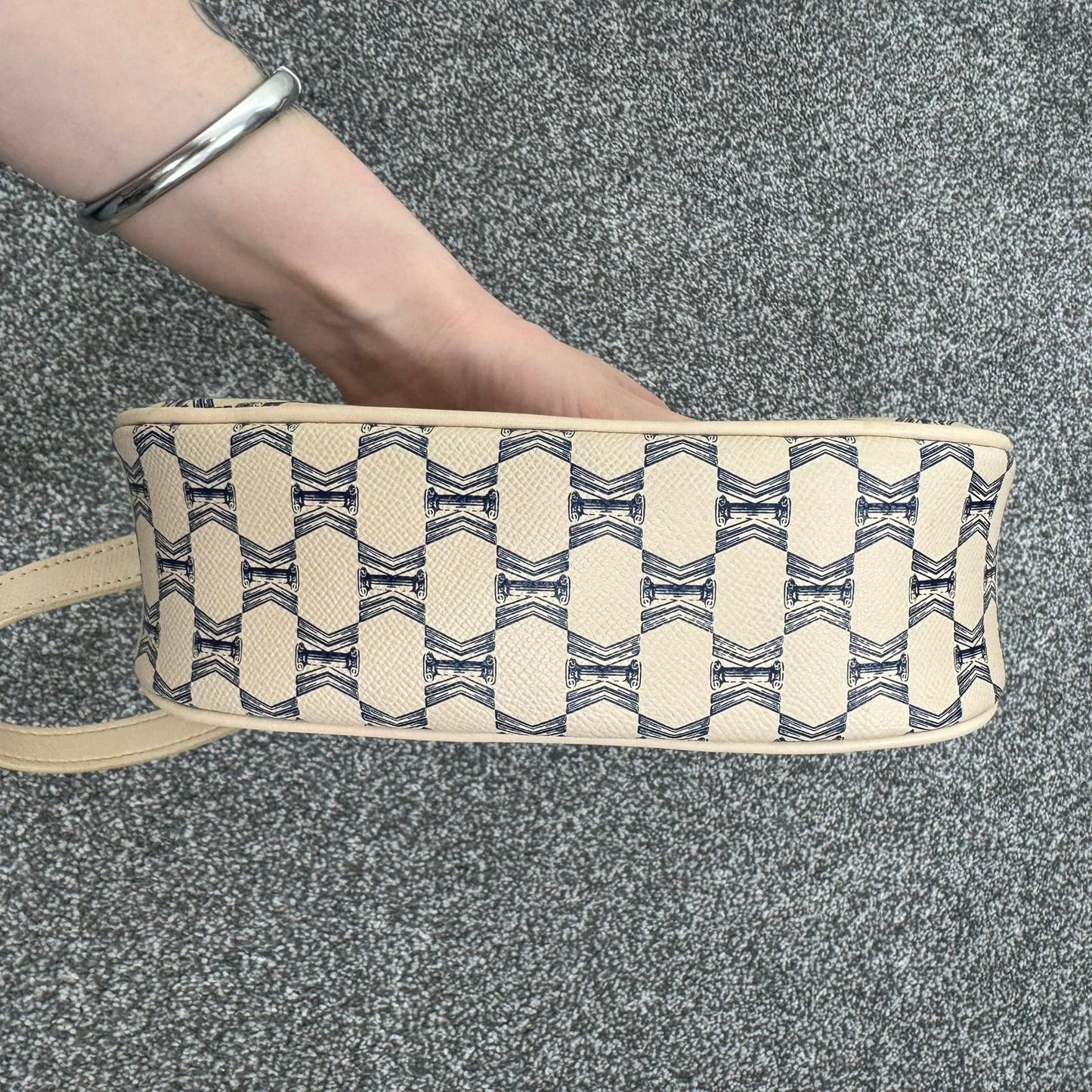 Kassandre faux leather mini shoulder bag small gold buckle blue cream