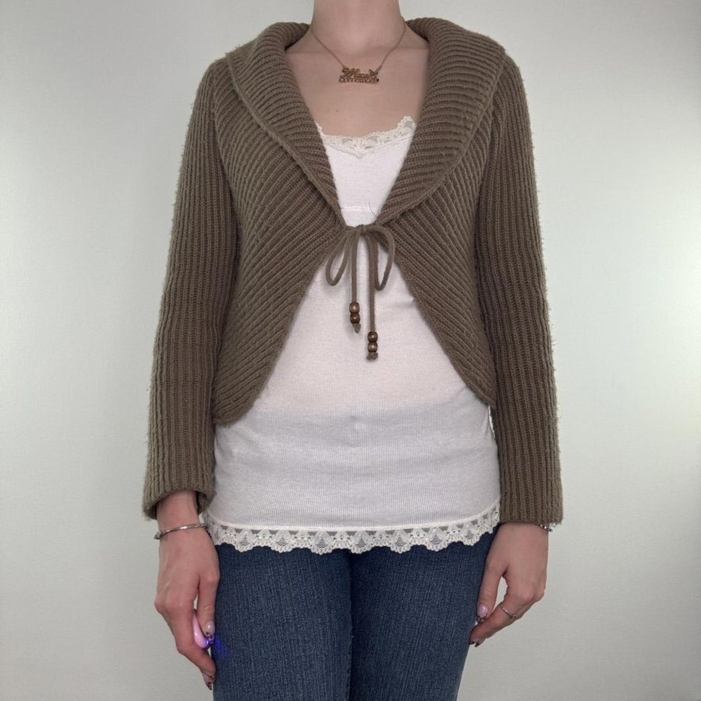Y2K vintage knit cardigan tie front brown ribbed v neck boho beaded bow