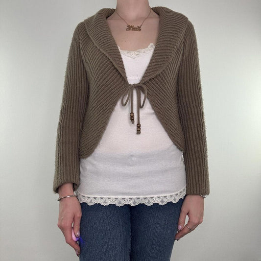 Y2K vintage knit cardigan tie front brown ribbed v neck boho beaded bow