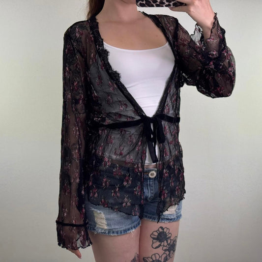 Y2K vintage sheer mesh cardigan tie front bow ditsy floral lettuce hem plus size