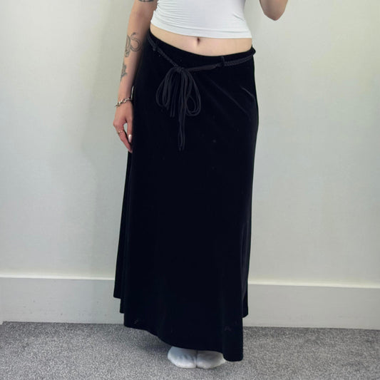 Y2K vintage velour stretchy maxi skirt black with braided belt a line flowy