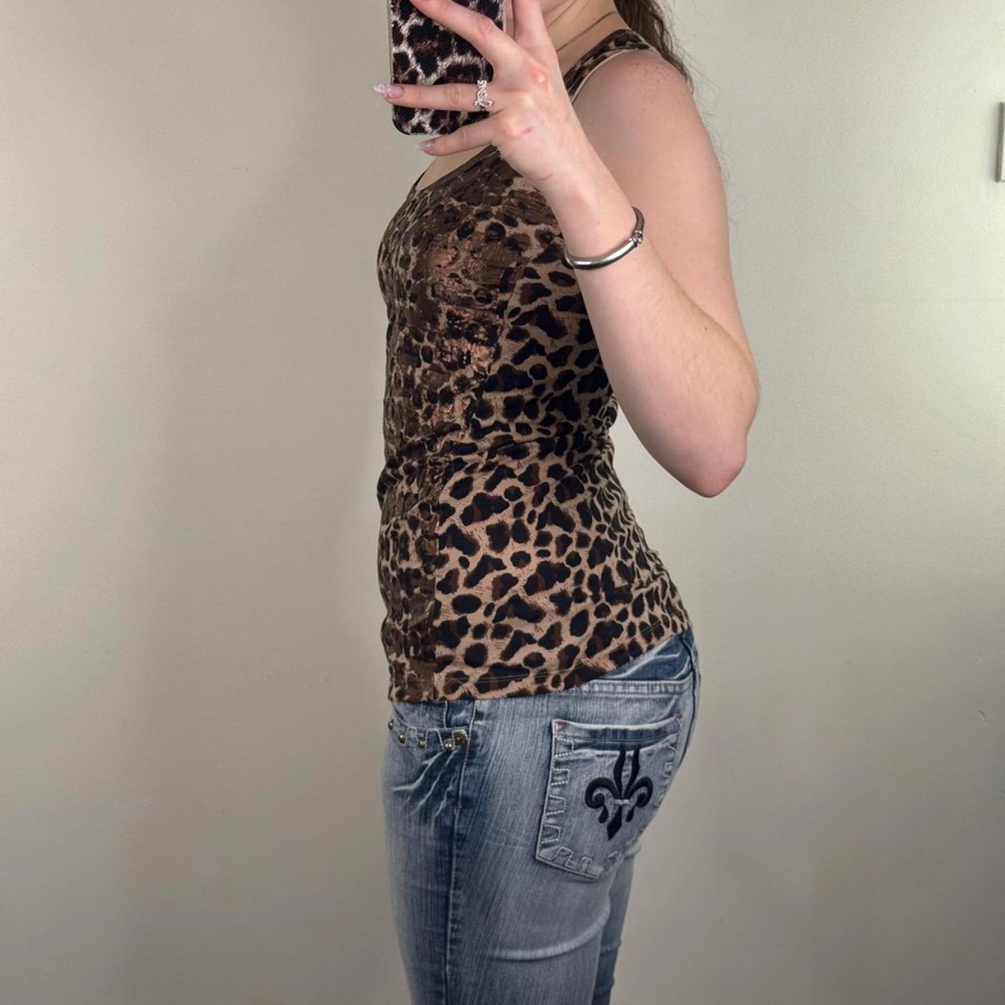 Y2K vintage leopard print tank top racerback brown shimmer round neckline