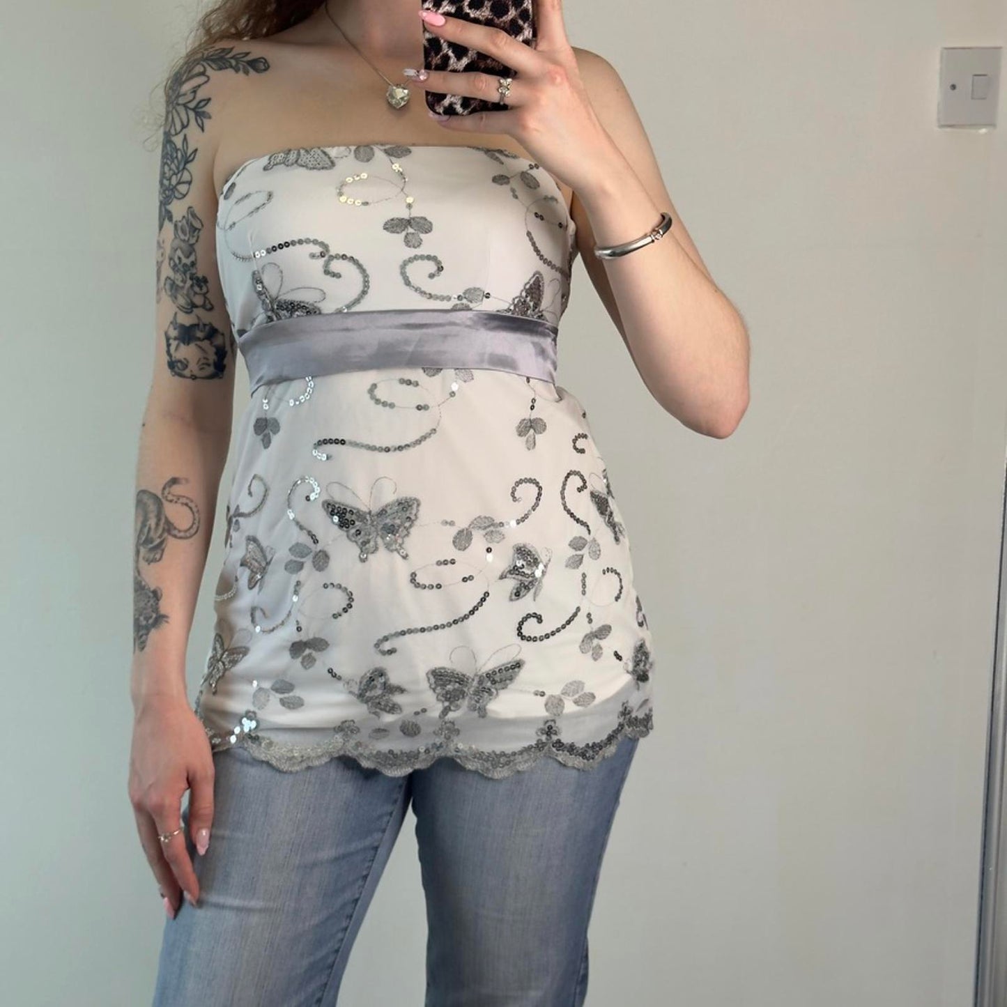 Y2K vintage strapless sequin butterfly mesh bow top festival summer party