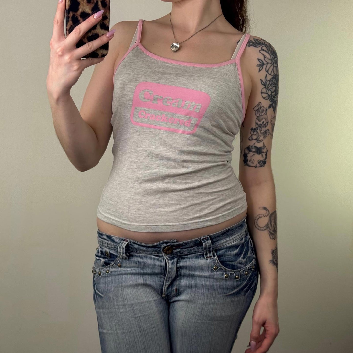 Y2K vintage cami top cream crackered slogan grey pink strappy fitted stretchy