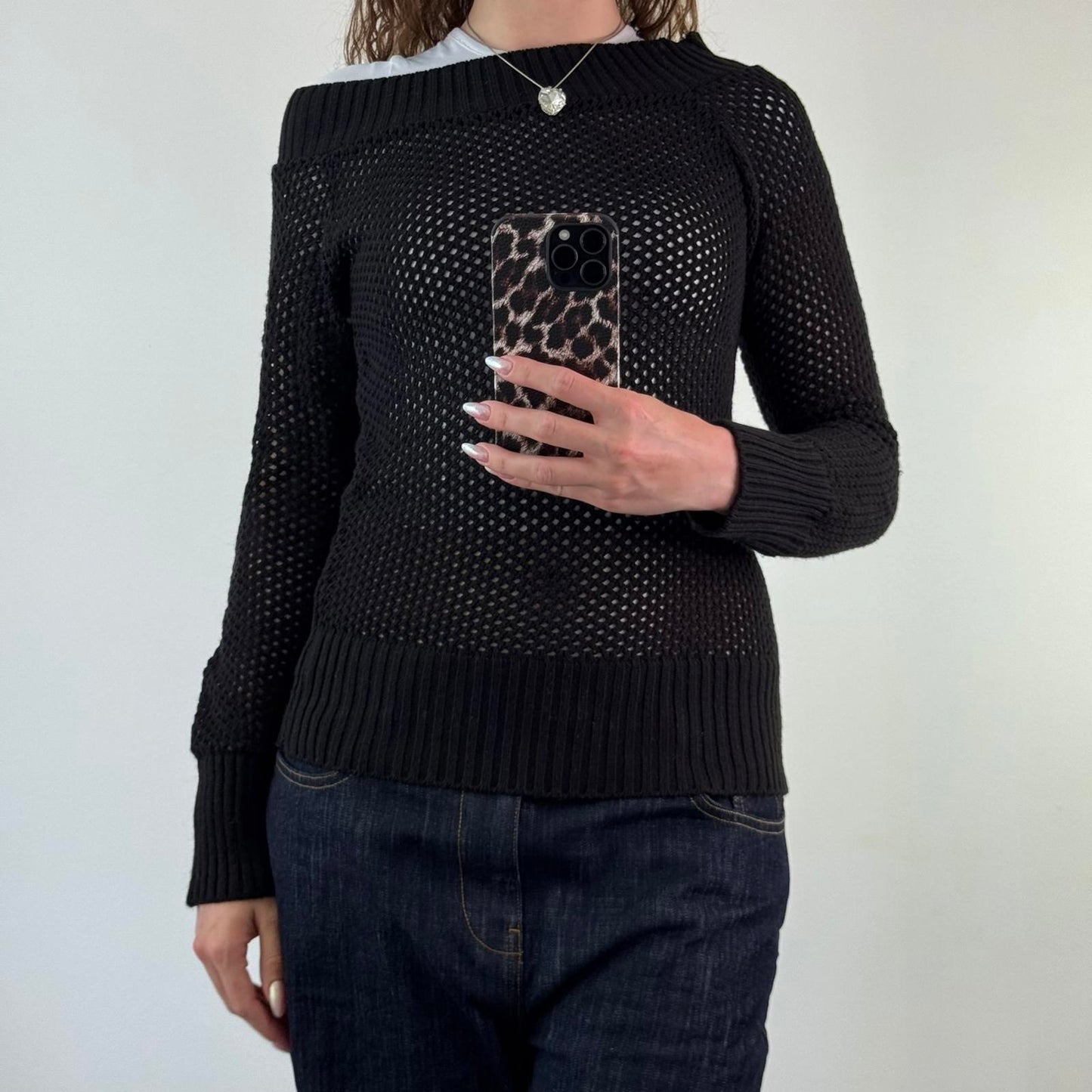 Y2K vintage perforated knitted sheer jumper open neck black