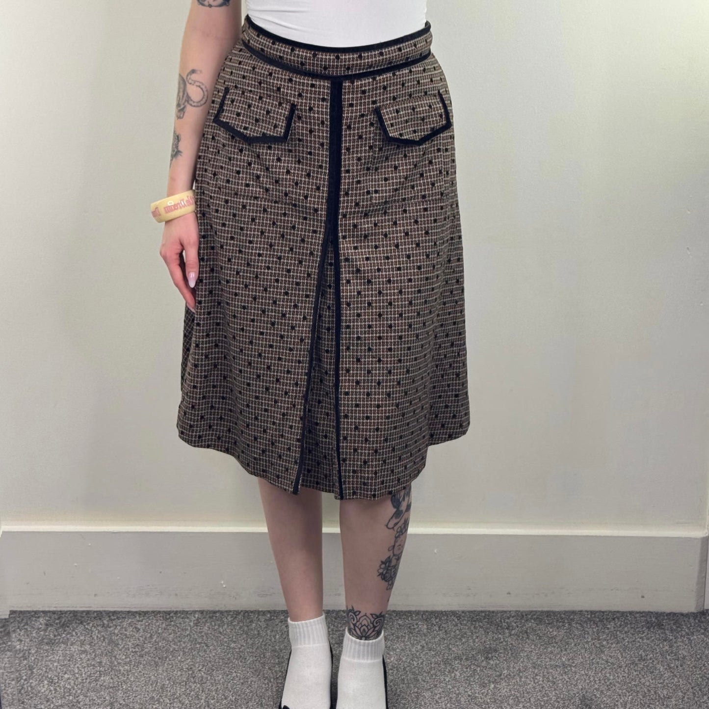 Y2K vintage polka dot midi skirt a line houndstooth velvet trim flowy circle