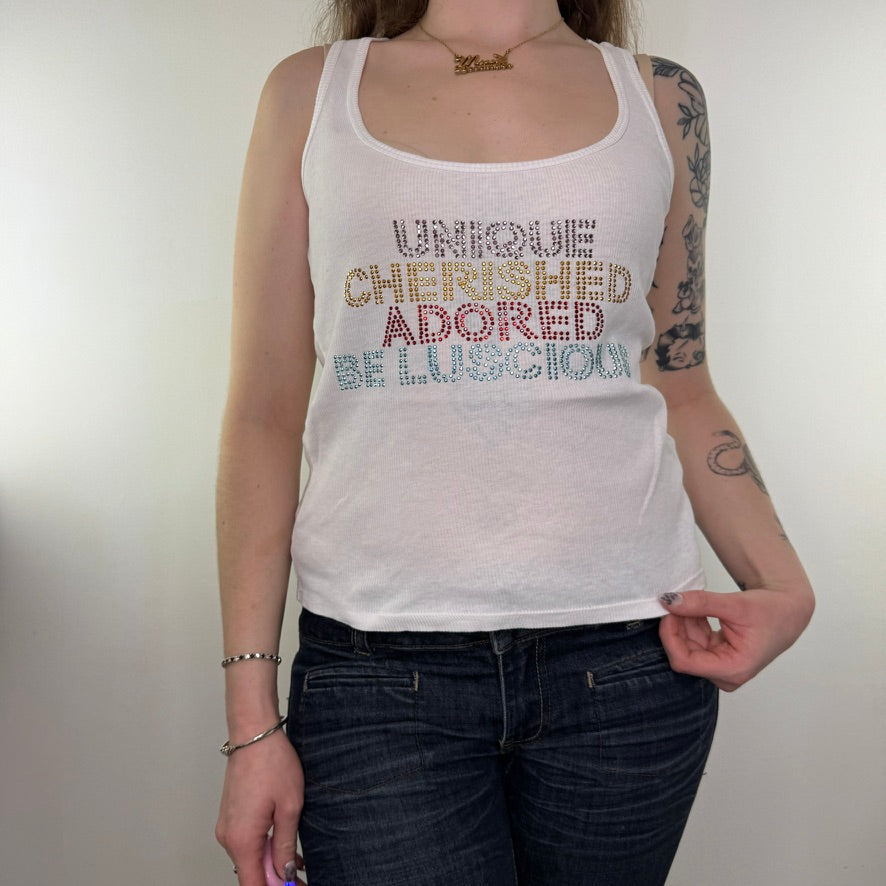 Y2K vintage rhinestone slogan tank top