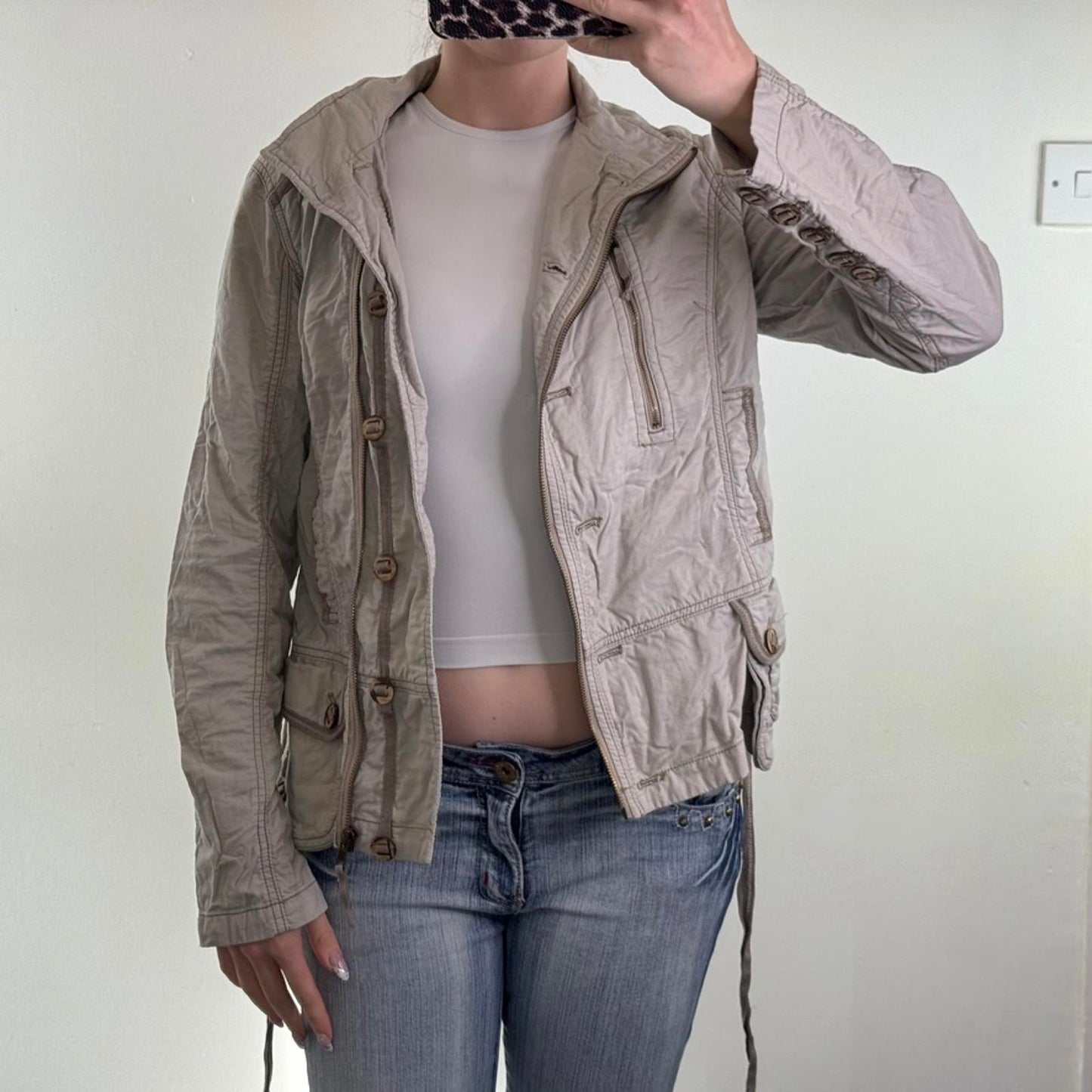 Y2K vintage lightweight button up jacket funnel high neck zip buttons tie belt