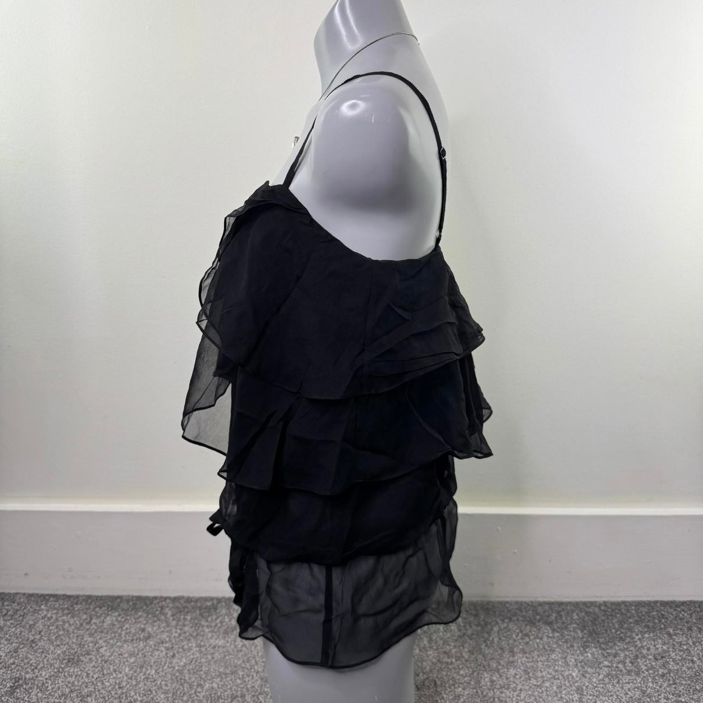 Y2K vintage 100% silk cami top ruffle elastic hem strappy bow layered tiered