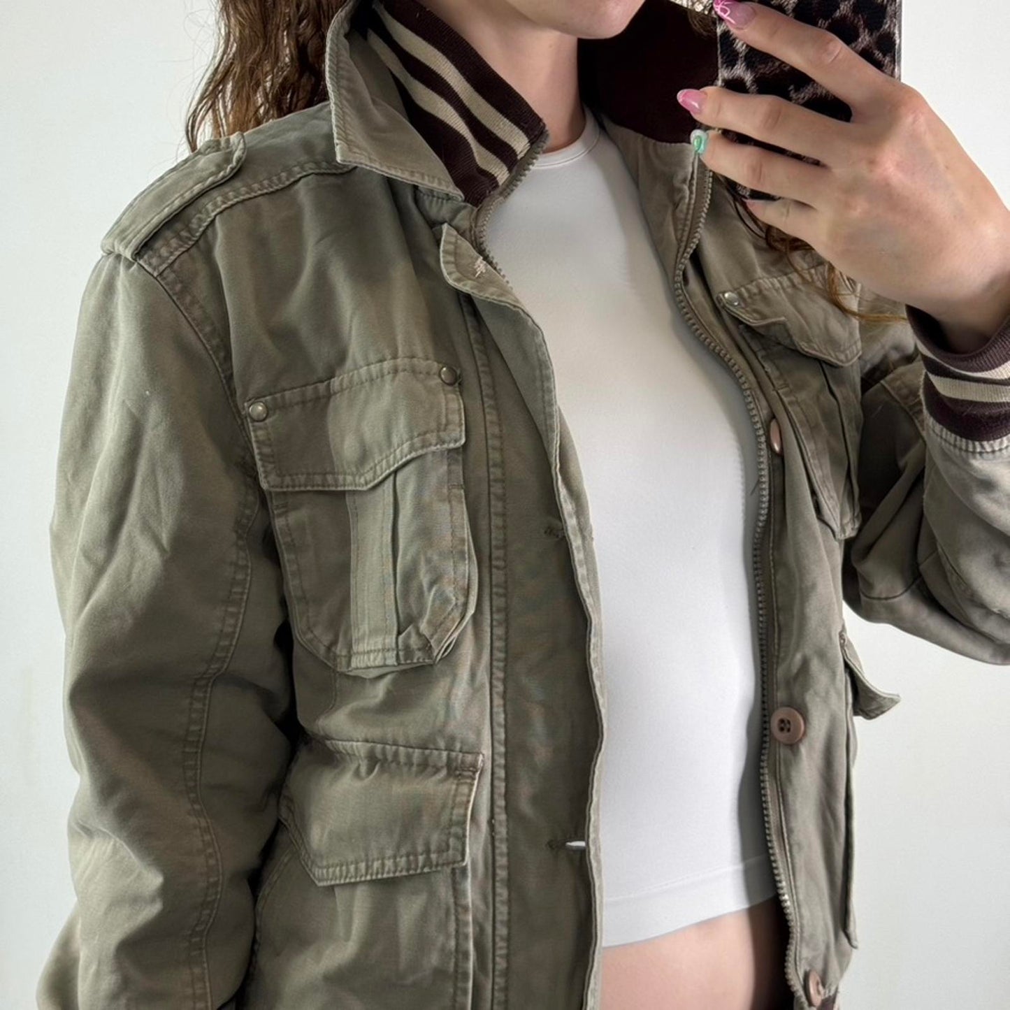 Y2K vintage denim zip button up bomber jacket stripe knit high neck unisex cargo