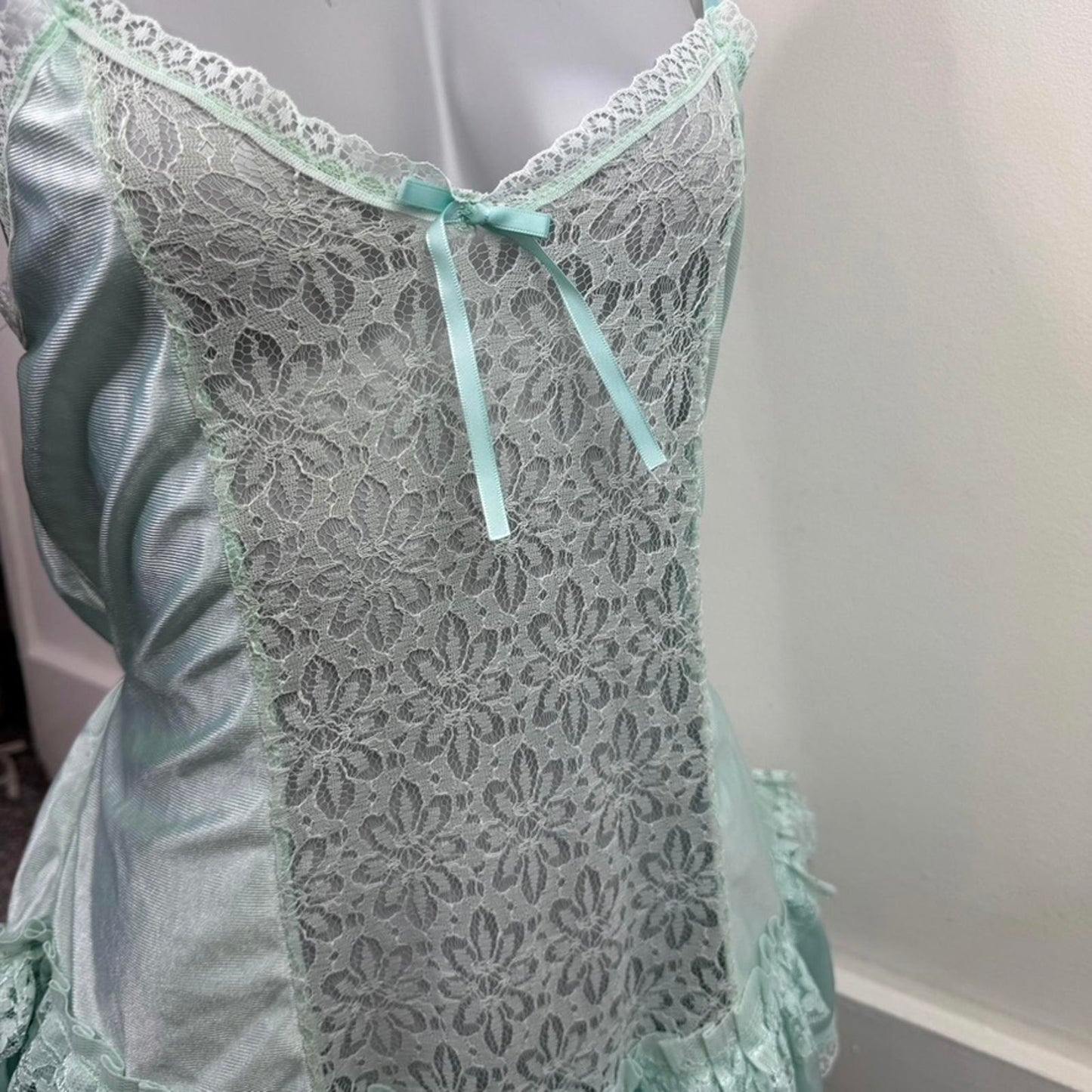 Y2K vintage lingerie nylon lace sheer frilly babydoll style top bow cami sheer