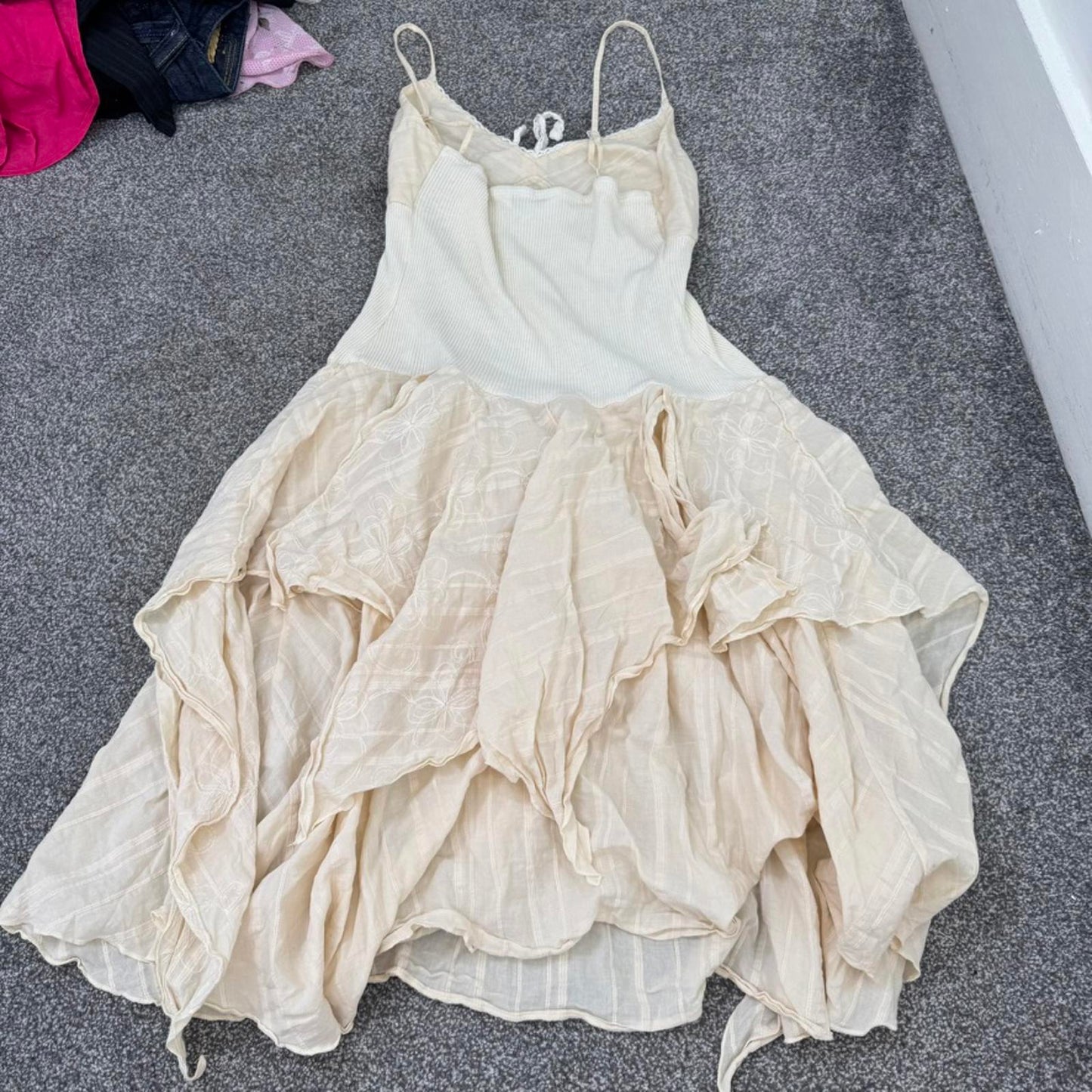 Y2K vintage a line midi dress ruffle fairy boho stripe floral embroidered bow