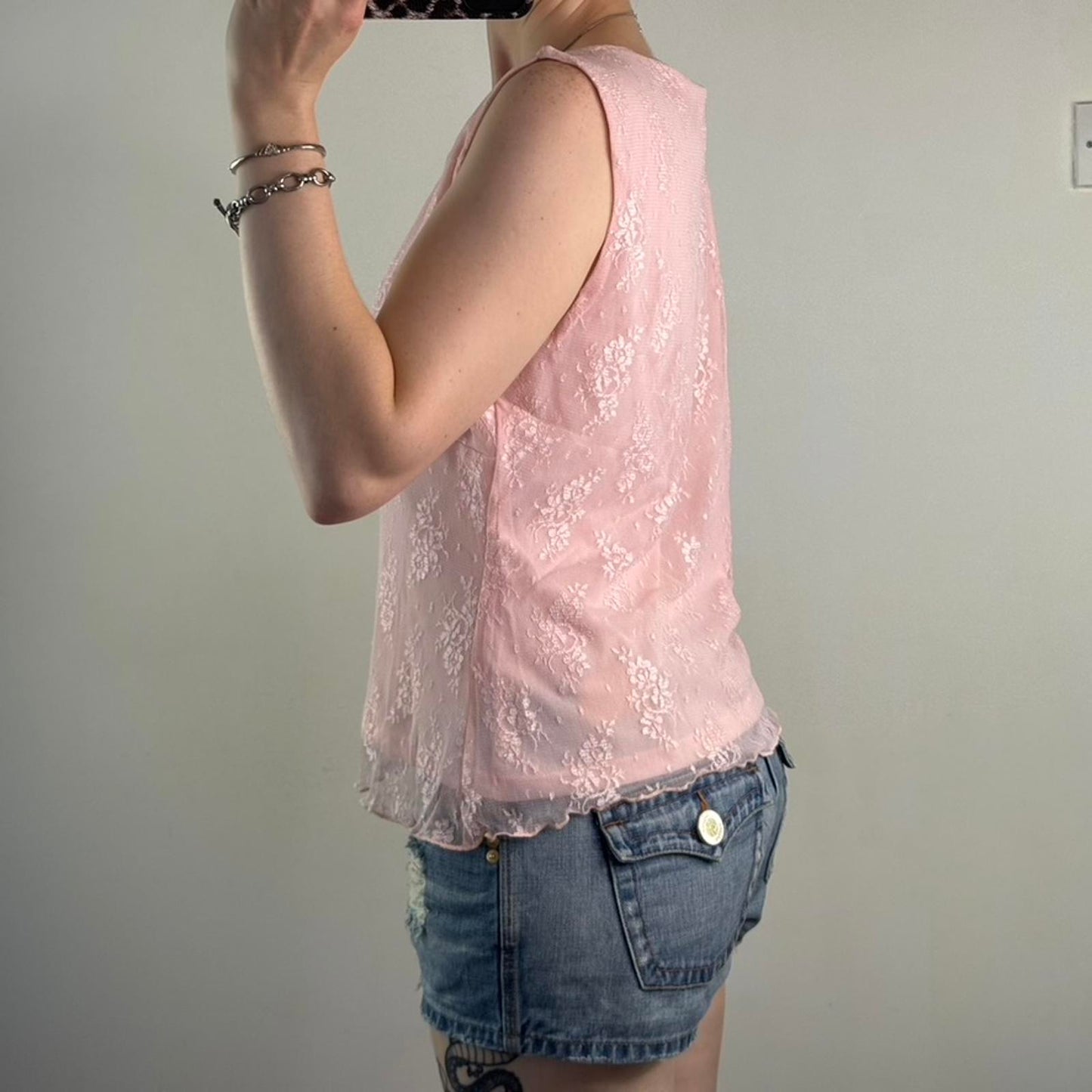 Y2K vintage lace mesh overlay tank top v neck frill trim baby pink stretchy