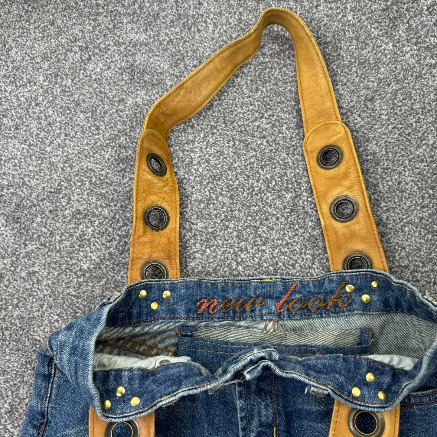 Y2K vintage large reworked denim shoulder bag leather straps grommet blue brown