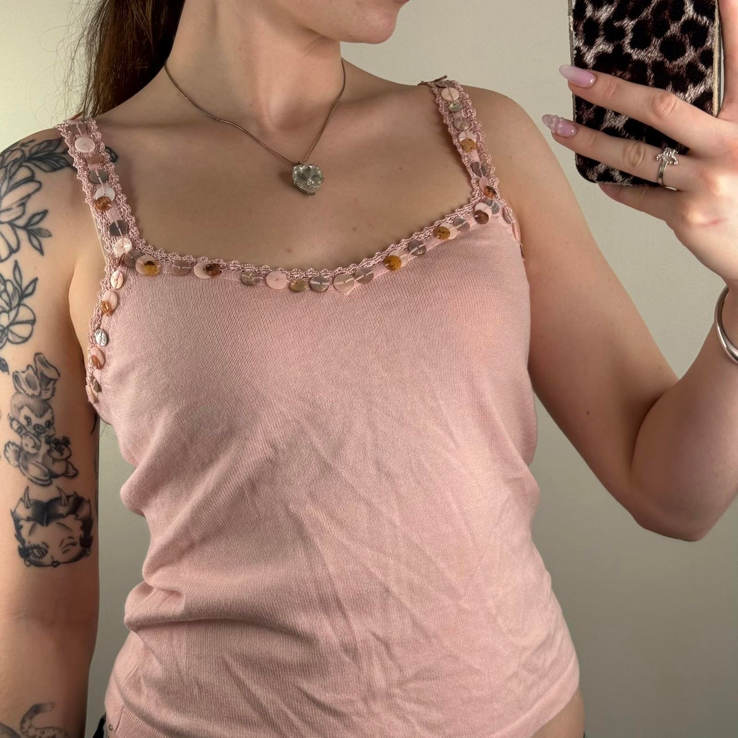 Y2K vintage fine knit cami top shell buttons embellished trim light pink