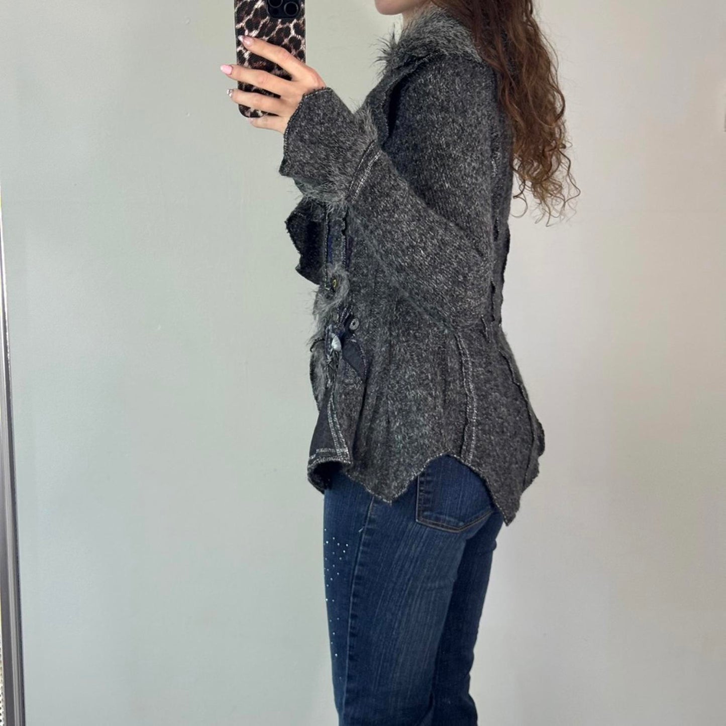 Y2K vintage archive knit patchwork zip up cardigan real fur leopard print button