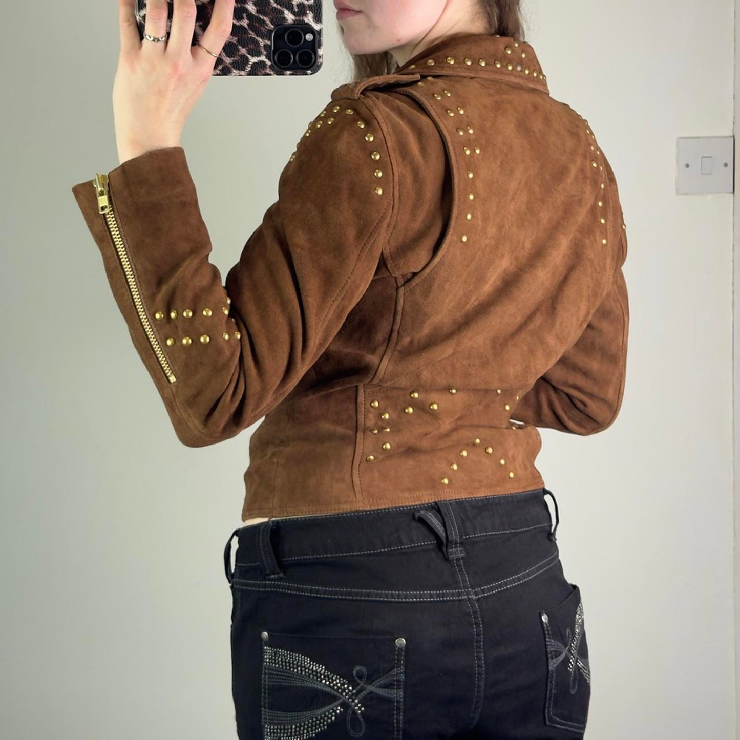 Vintage suede studded asymmetrical zipper jacket biker boho 2010s archive short