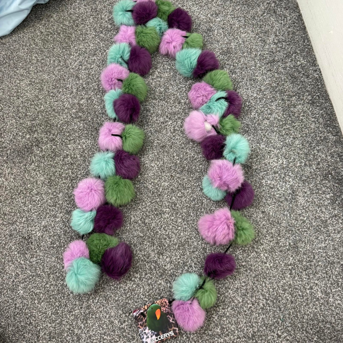 Genuine fur pom pom scarf medium length size purple green blue lilac multi