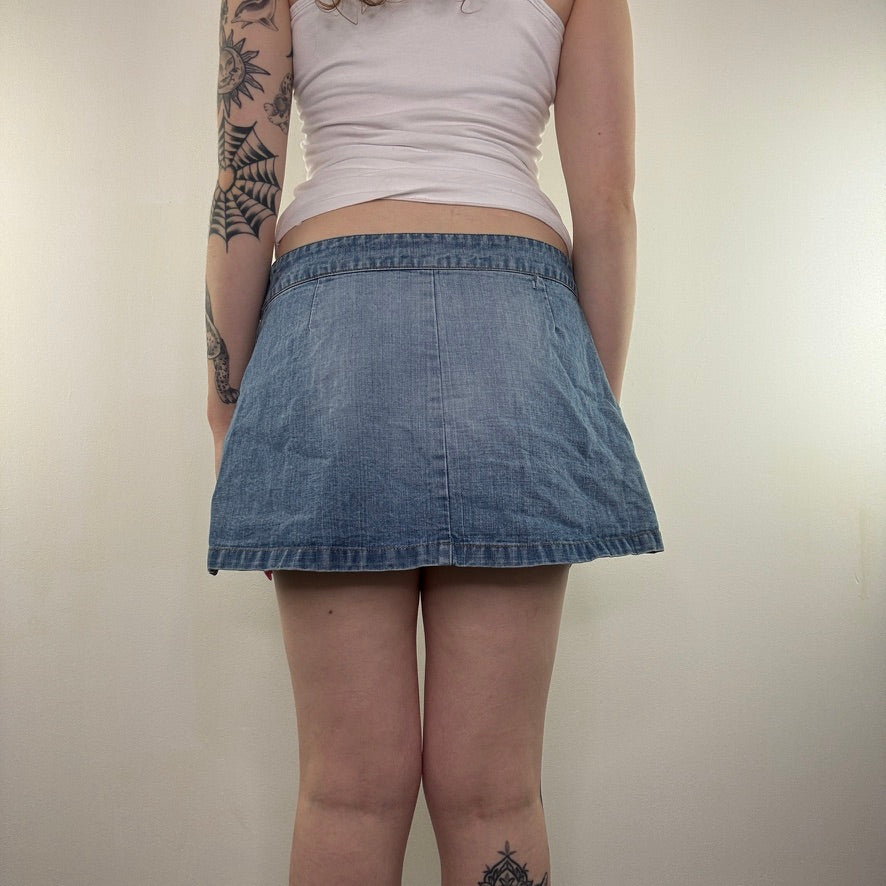 Y2K vintage low rise denim mini skirt floral beaded faded denim a line