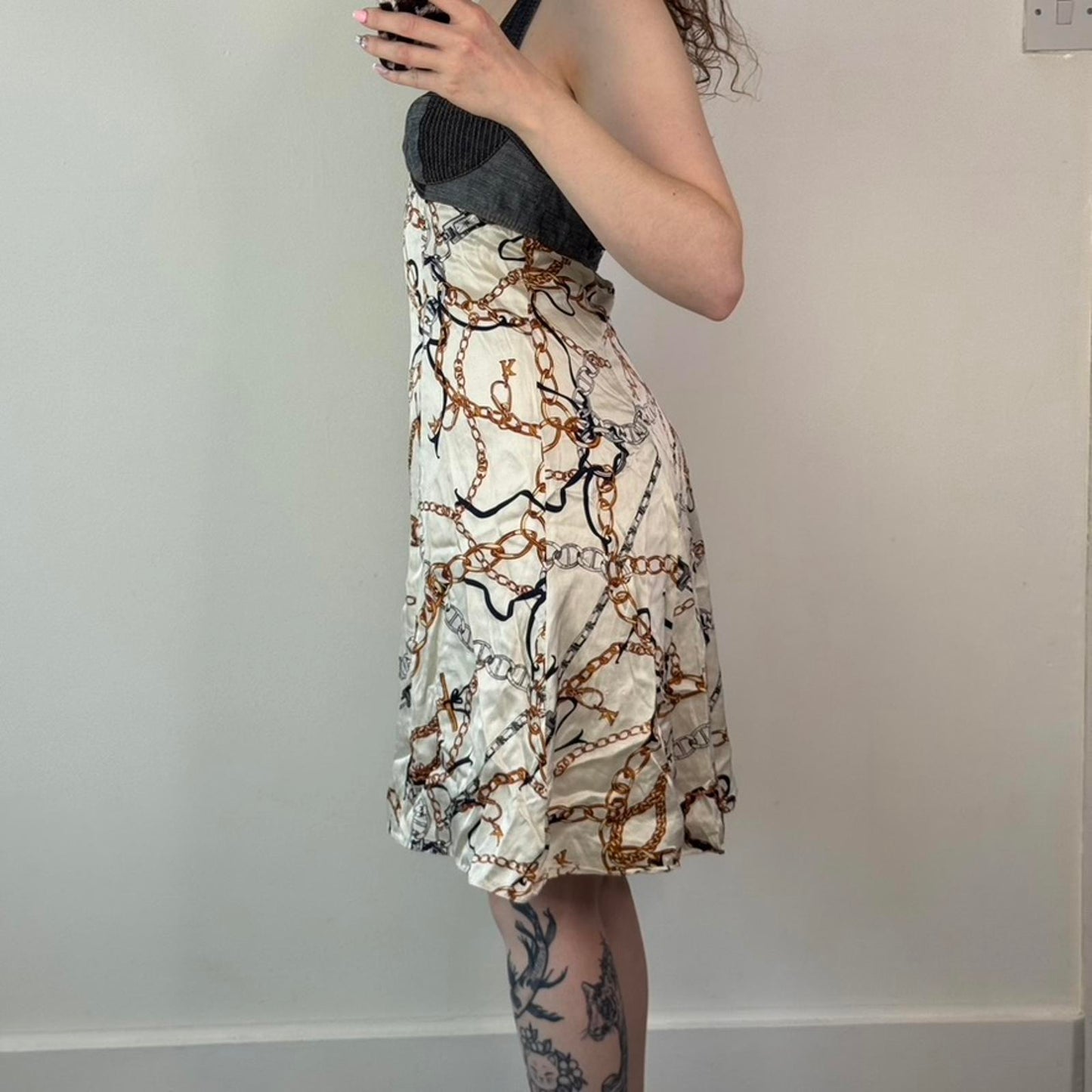 Y2K vintage Karen Millen silk denim midi dress halter neck a line chain pattern