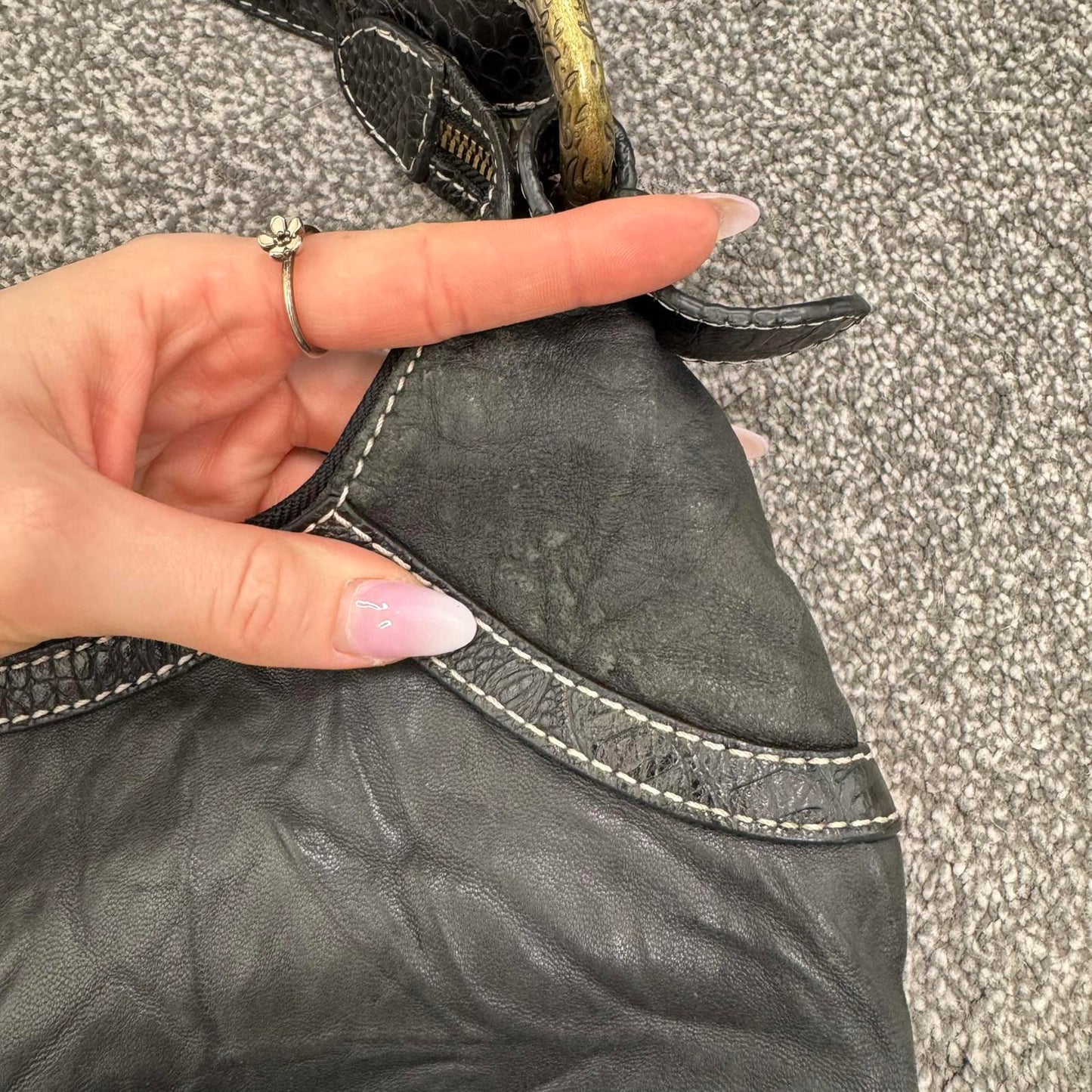 Y2K vintage genuine leather shoulder bag butter soft fringe charm hobo slouchy