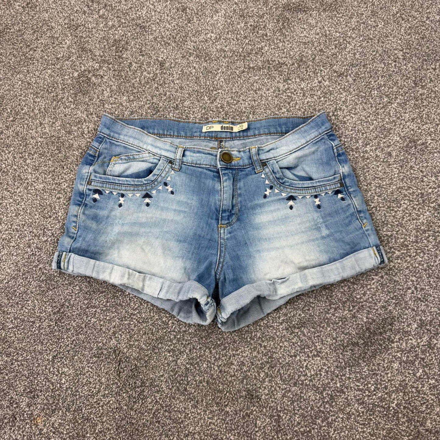 Y2K vintage low rise faded denim mini shorts embroidered aztec 2010s turned hem