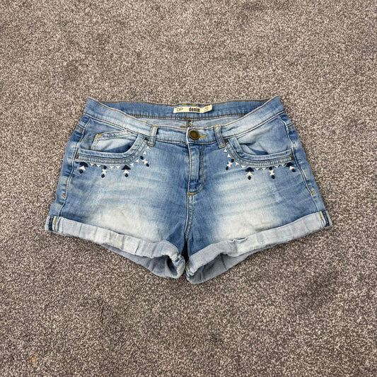 Y2K vintage low rise faded denim mini shorts embroidered aztec 2010s turned hem