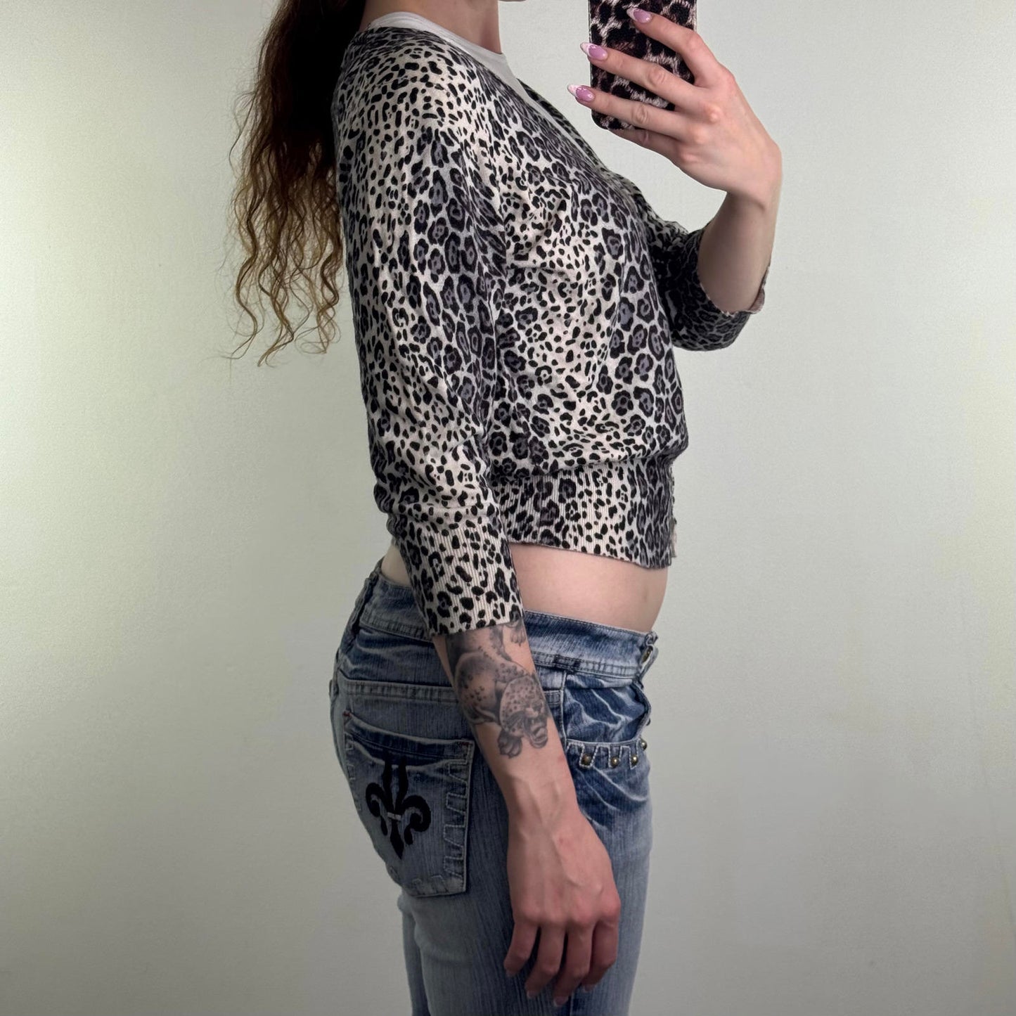 Y2K vintage leopard print fine knit button up cardigan grey black