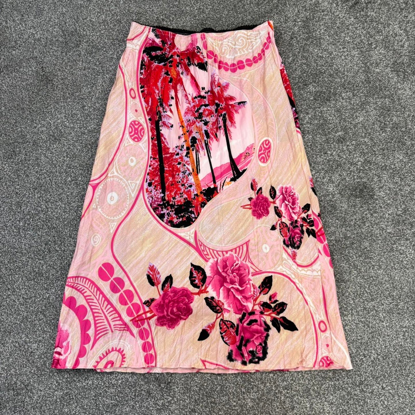Y2K vintage Morgan De Toi midi skirt pink satin stretchy palm tree floral rose