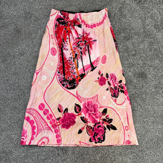 Y2K vintage Morgan De Toi midi skirt pink satin stretchy palm tree floral rose