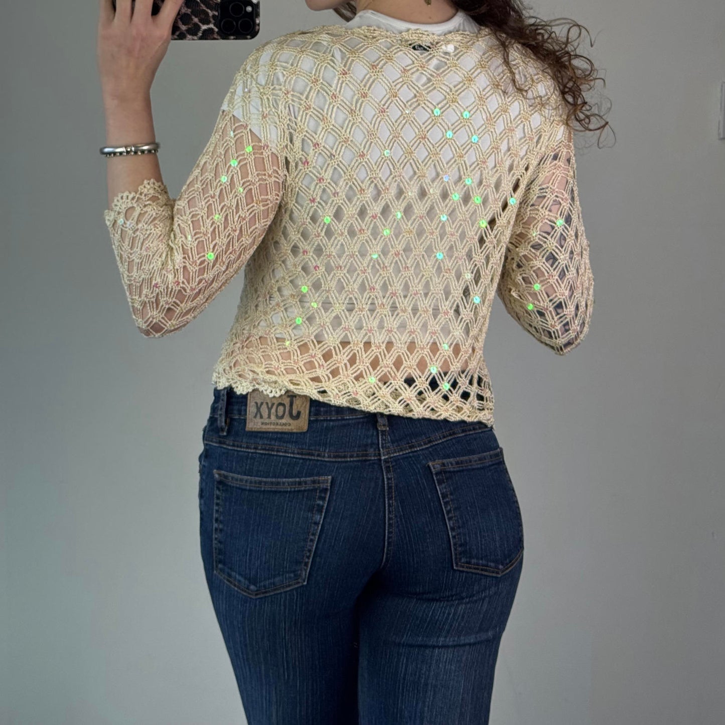 Y2K vintage sequin crochet scallop hem button cardigan 3/4 sleeve summer