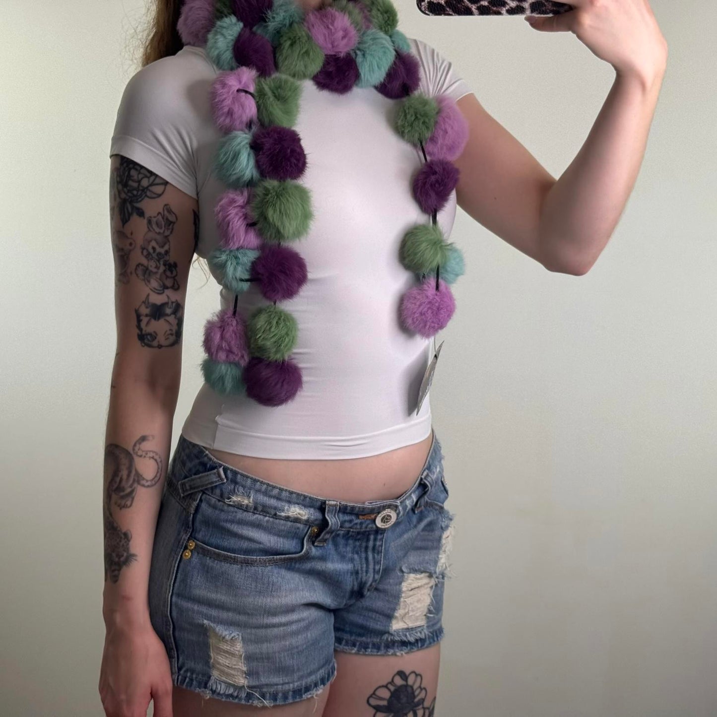 Genuine fur pom pom scarf medium length size purple green blue lilac multi