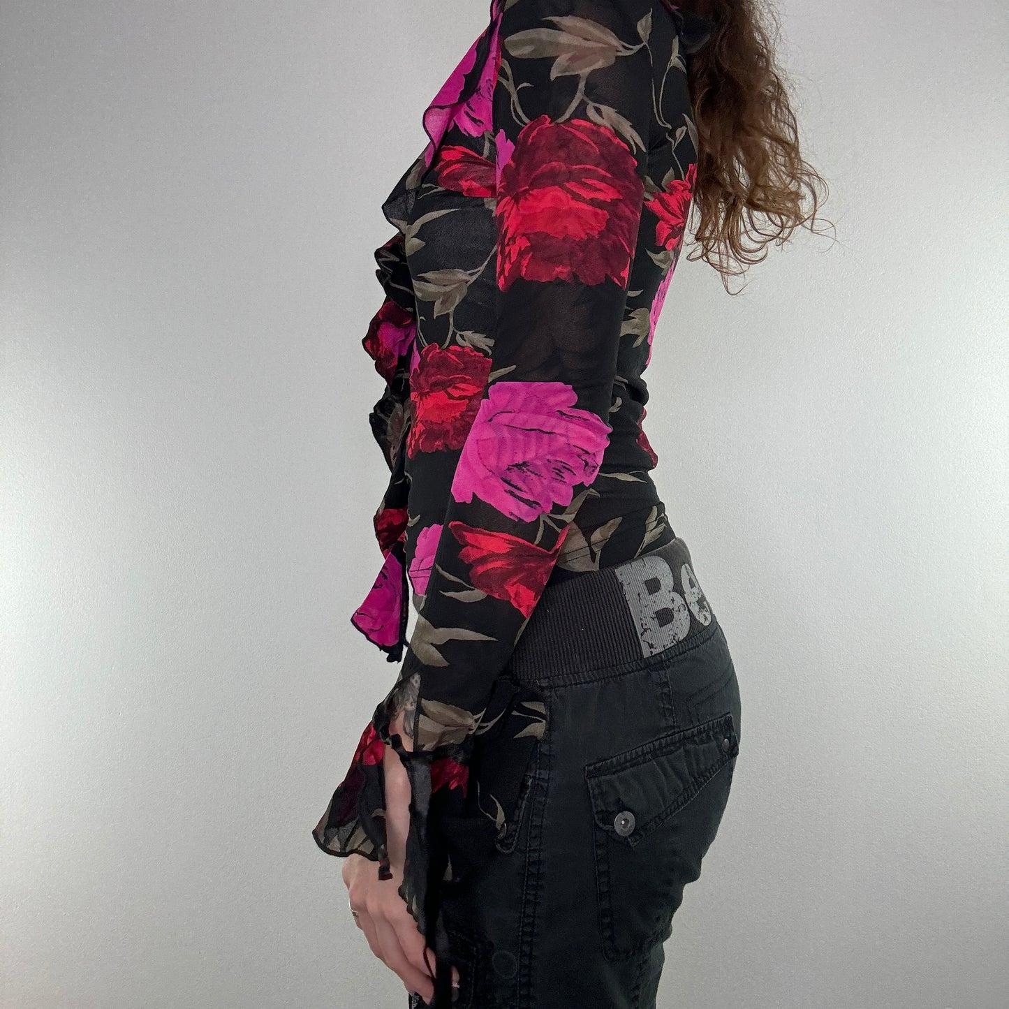 Y2K floral frilly mesh long sleeve top