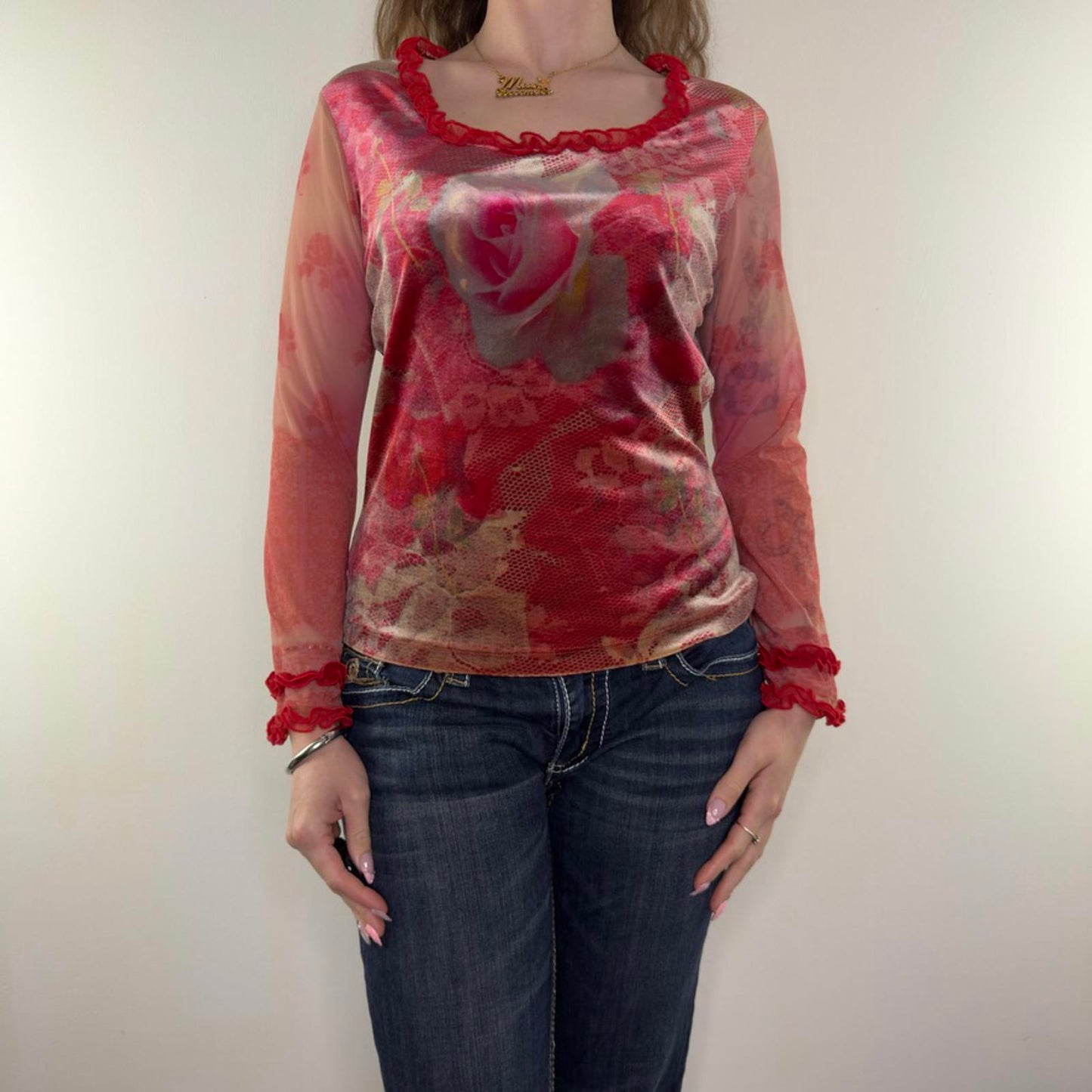Y2K vintage mesh velour floral long sleeve top