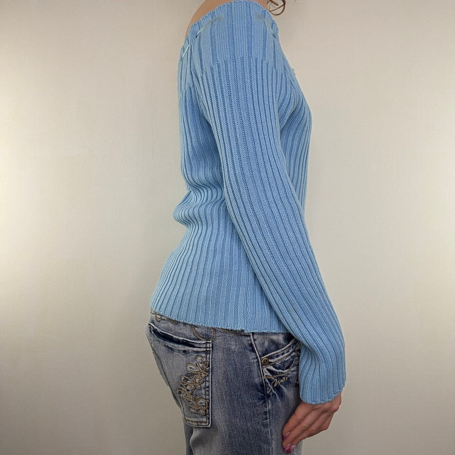 Y2K vintage knit jumper bow off the shoulder chunky slouchy ribbon long sleeve