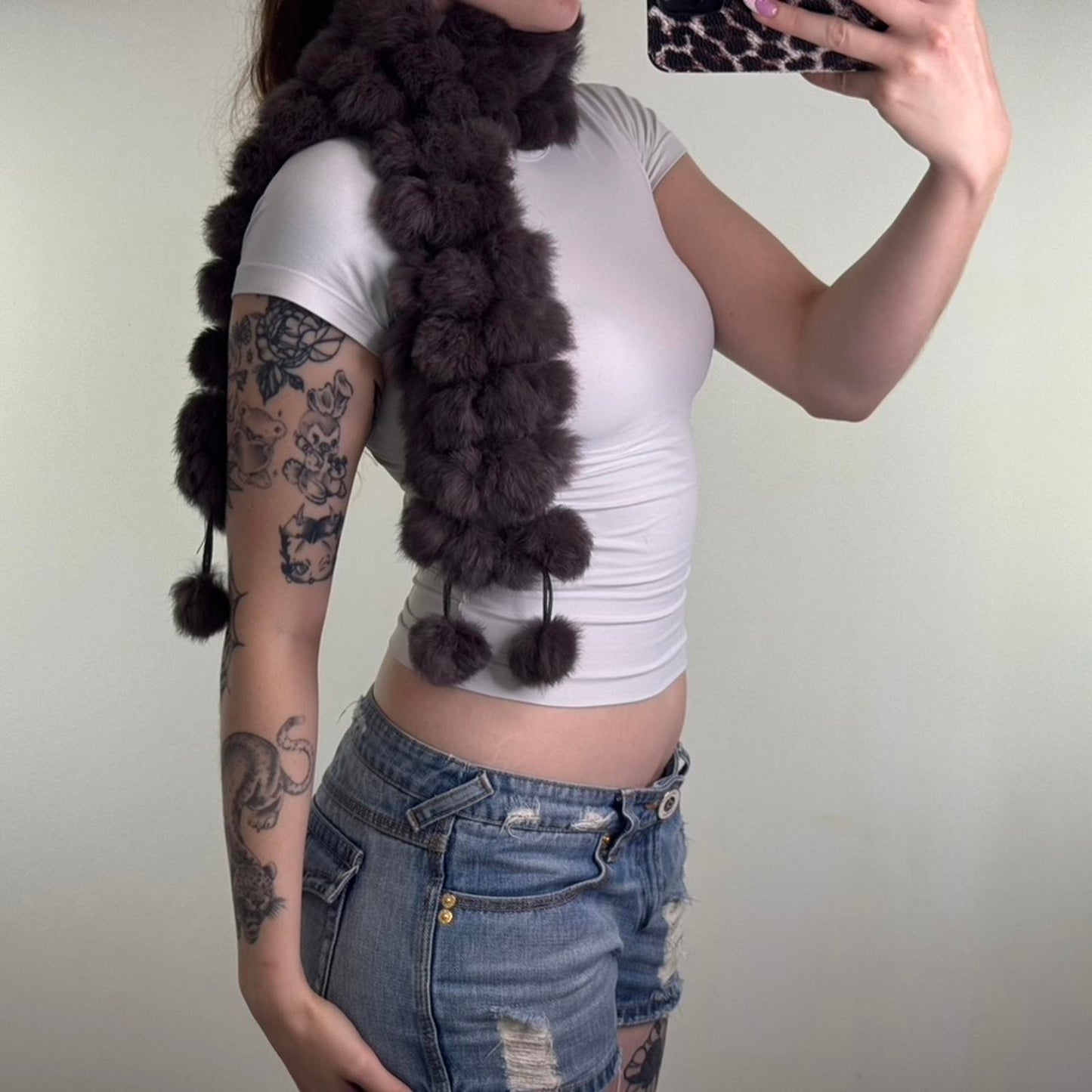 Genuine 100% real fur scarf pom poms brown lapin soft