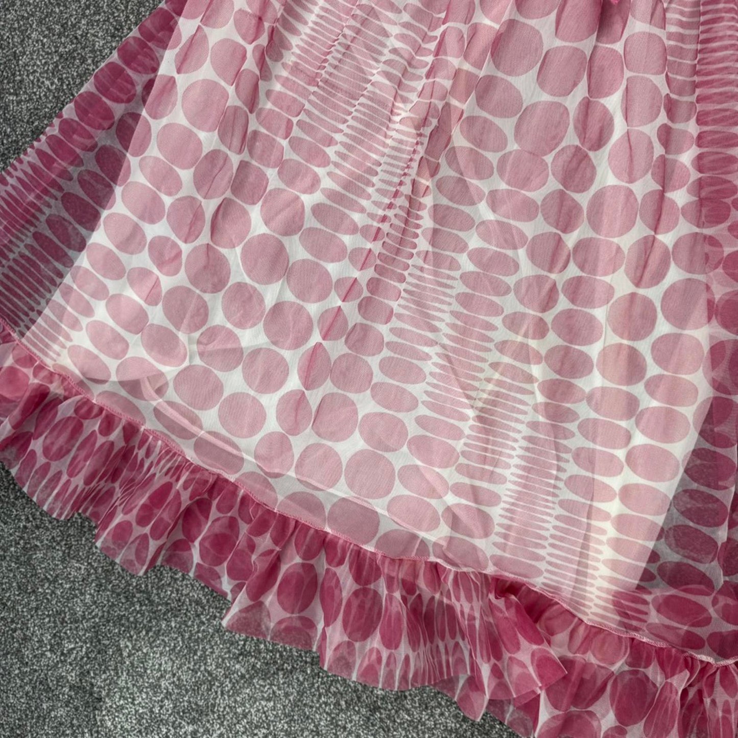 Vintage night dress polka dot frill mesh tiered bow pink white satin bow overlay