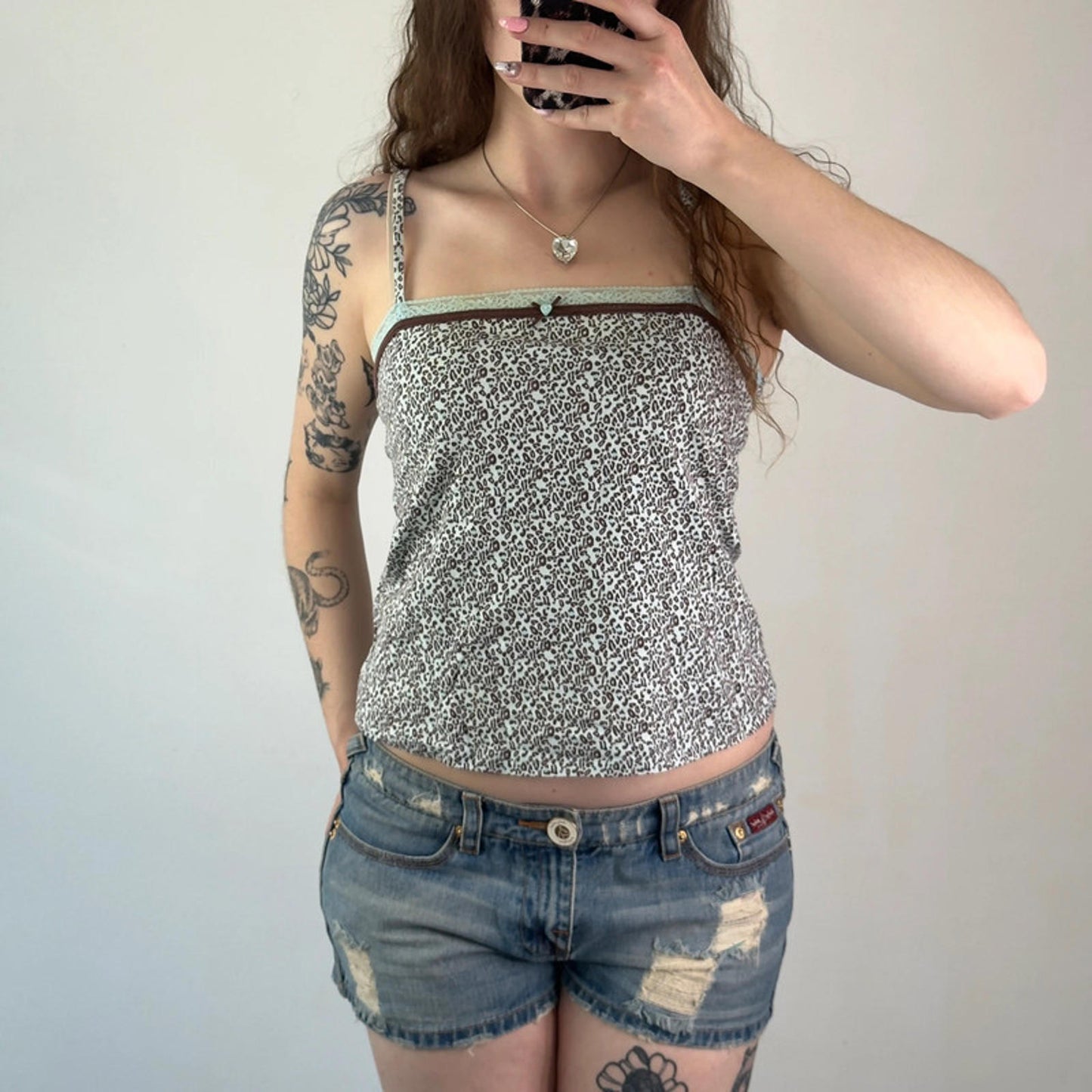 Y2K vintage leopard print cami top lace trim heart button bow square neckline