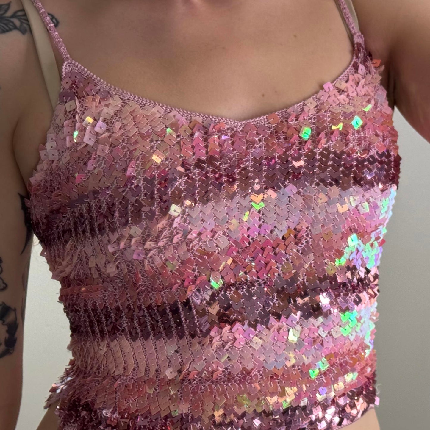 Y2K vintage New Look sequin stripe crop top strappy party festival shimmer