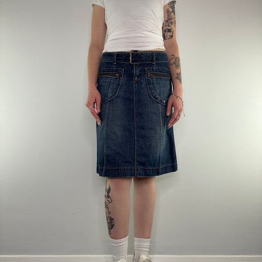 Y2K faded denim belted midi skirt