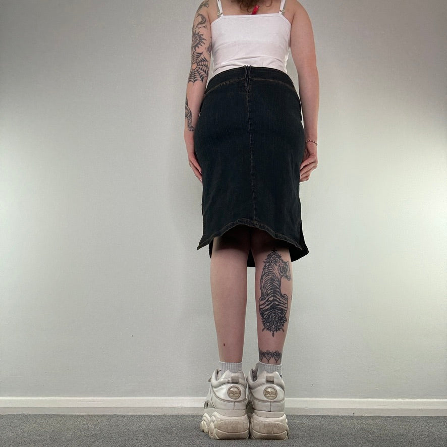 Y2K dark faded denim lace up belt midi skirt