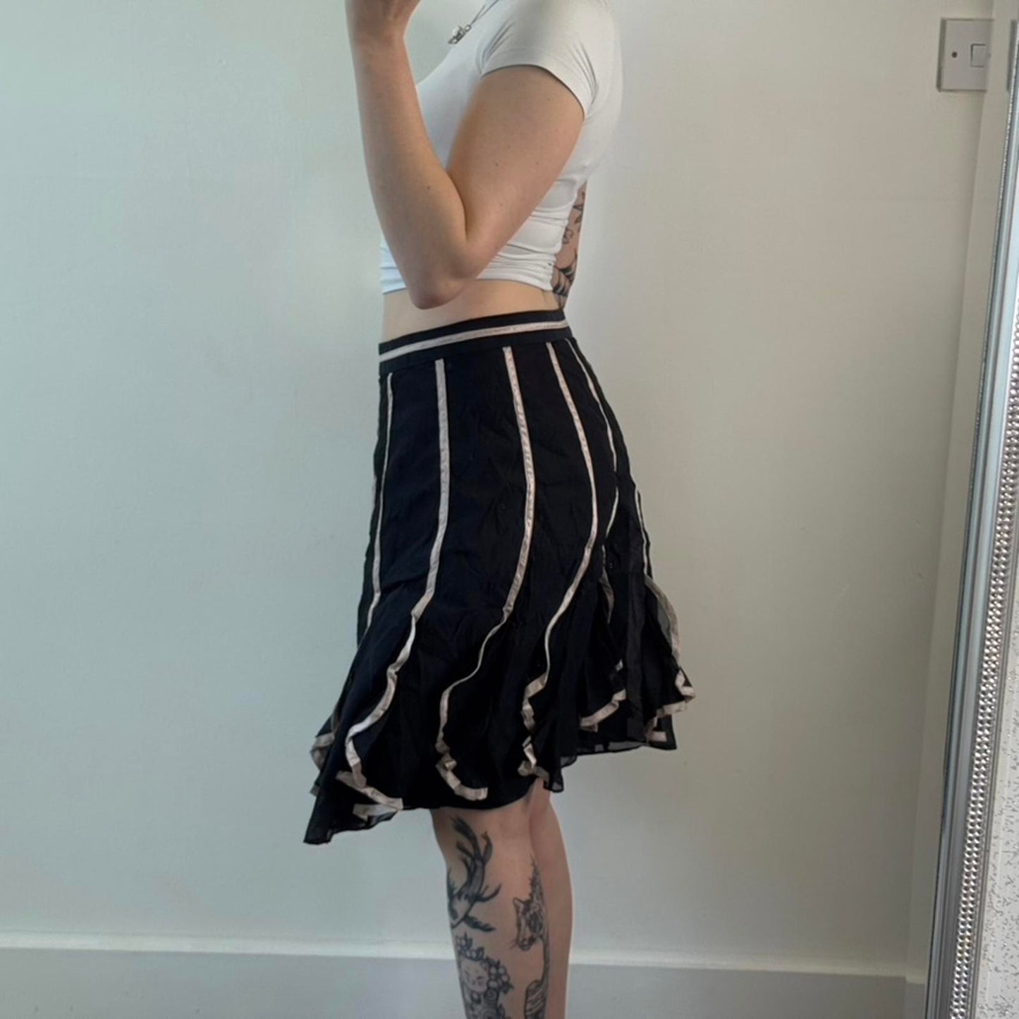 Y2K vintage part silk midi skirt black pink stripe ruffle knee length a line fit
