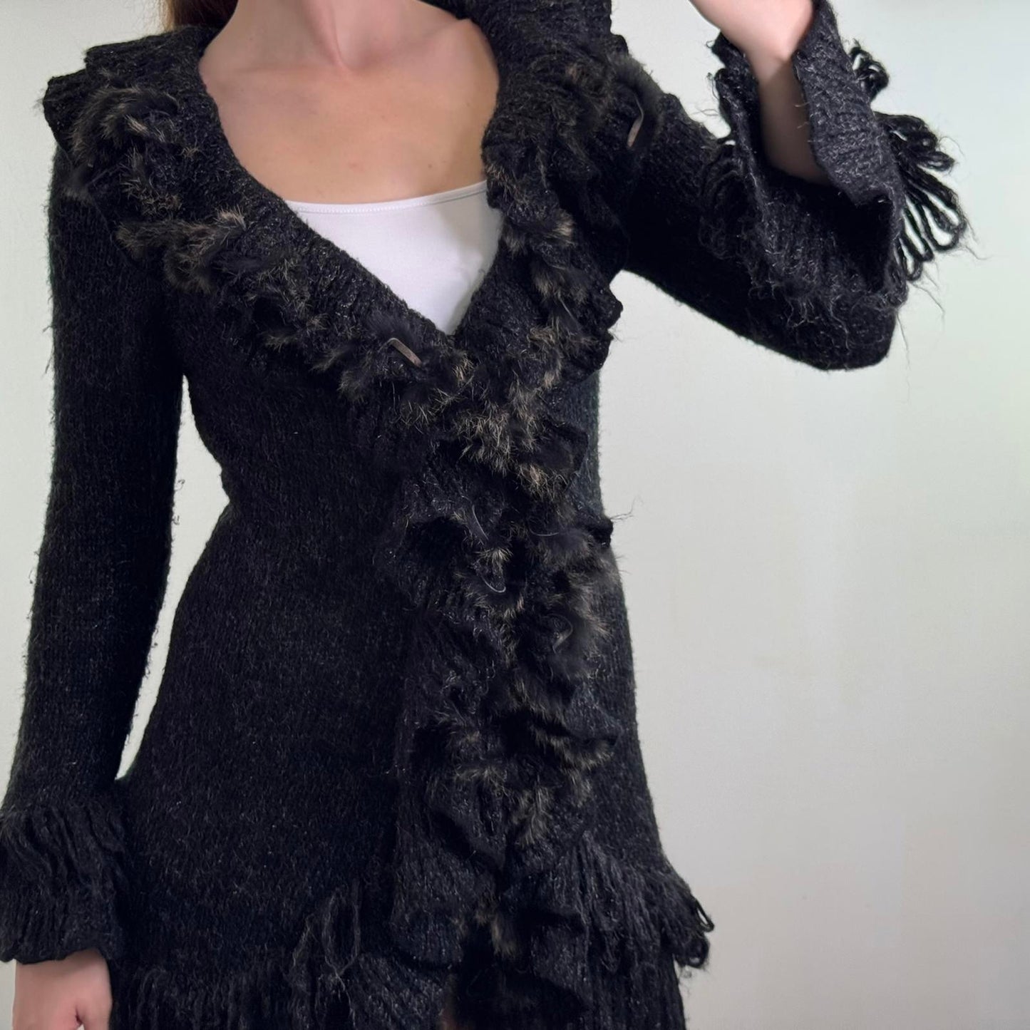 Y2K vintage wool mohair blend cardigan genuine fur ruffle trim long length