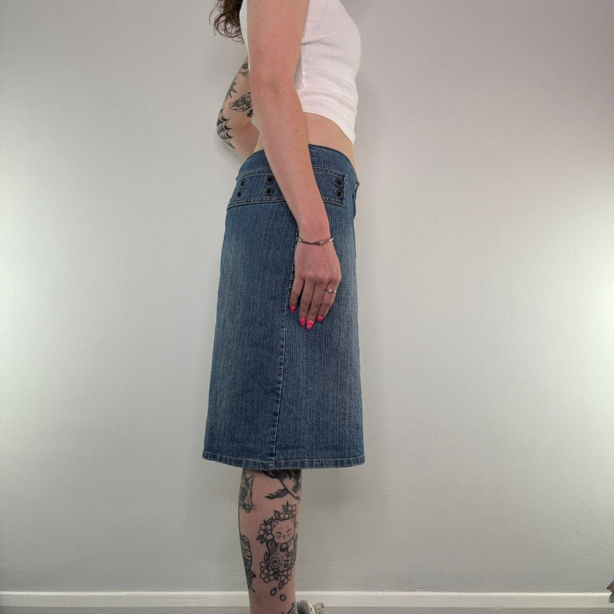 Y2K Bay grommet denim midi skirt