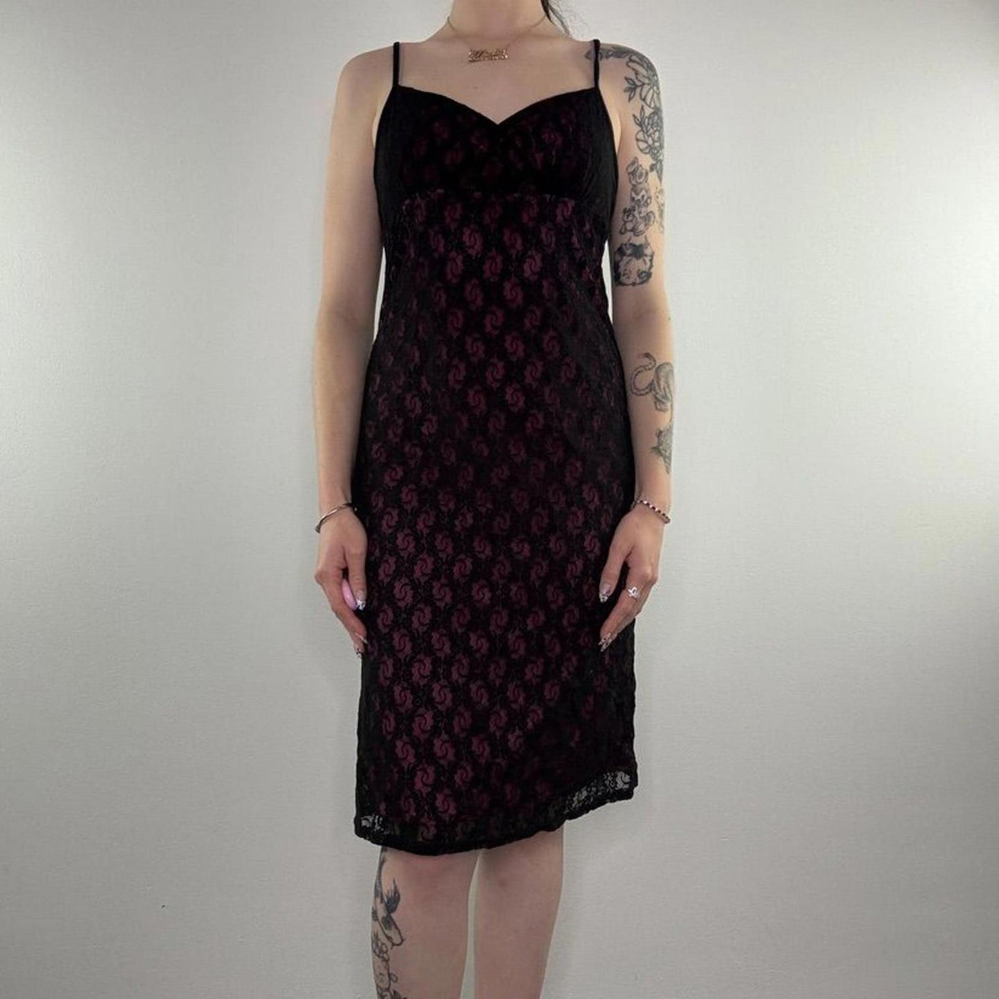 Y2K vintage midi dress mesh overlay floral lace open low back bow pink black