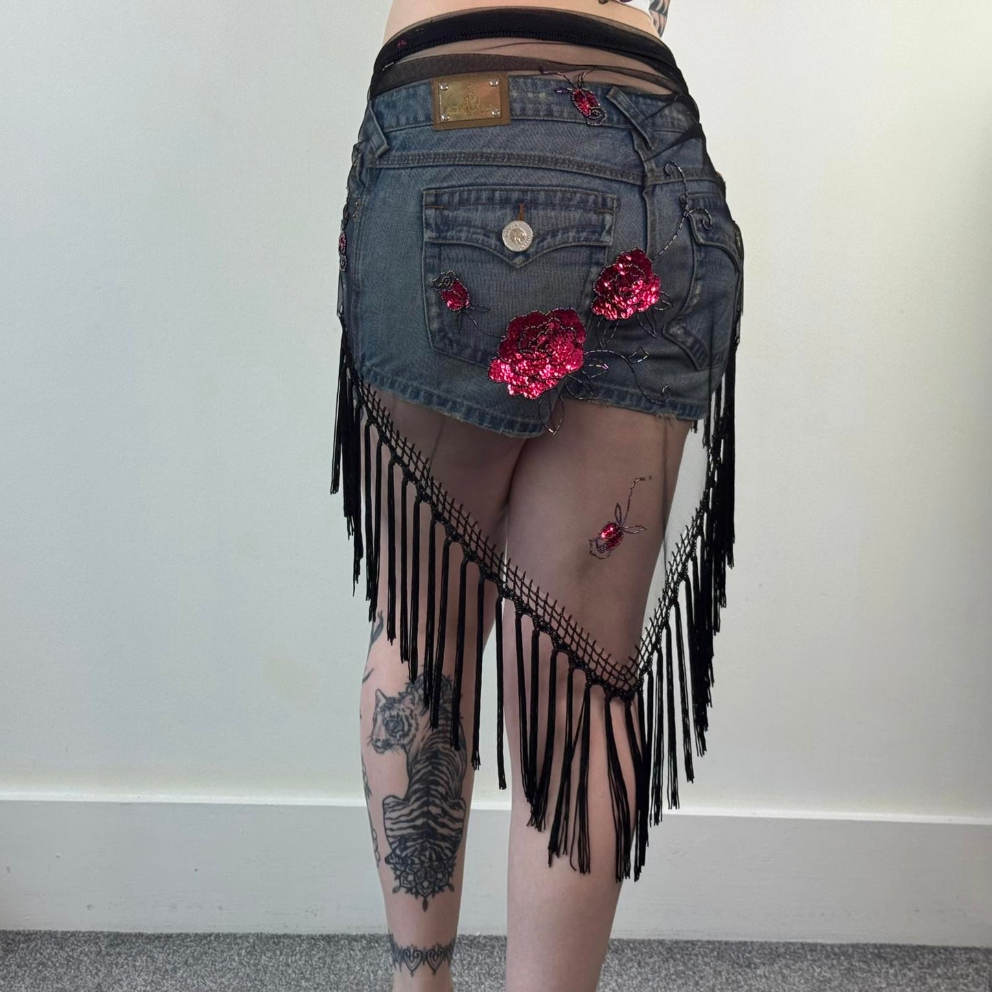 Y2K vintage mesh floral sheer sequin tassel sarong cover up shawl embellished